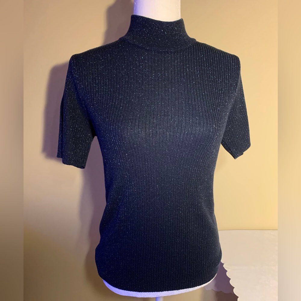 EUC Sweater: BLUE (not Black), Mock Turtleneck, Sparkly, Ribbed, Short Sleeved